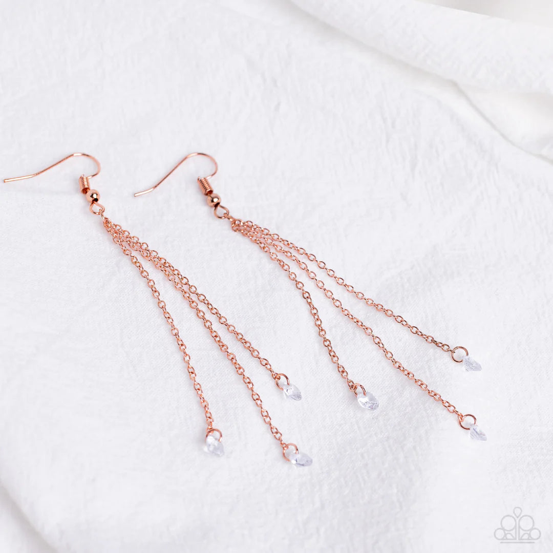 Paparazzi Accessories Divine Droplets - Copper A trio of dainty white rhinestones sparkle like dewdrops as they dangle from the ends of dainty copper chains for a refreshingly divine lure. Earring attaches to a standard fishhook fitting. Sold as one pair