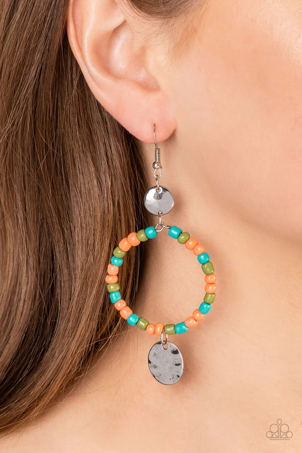 Paparazzi Accessories Cayman Catch - Orange Featuring summery hues, dainty coral, Basil, and Harbor Blue seed beads are threaded along a wire hoop that swings between two hammered silver discs for a tropical inspired fashion. Earring attaches to a standar