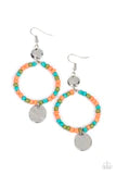 Paparazzi Accessories Cayman Catch - Orange Featuring summery hues, dainty coral, Basil, and Harbor Blue seed beads are threaded along a wire hoop that swings between two hammered silver discs for a tropical inspired fashion. Earring attaches to a standar