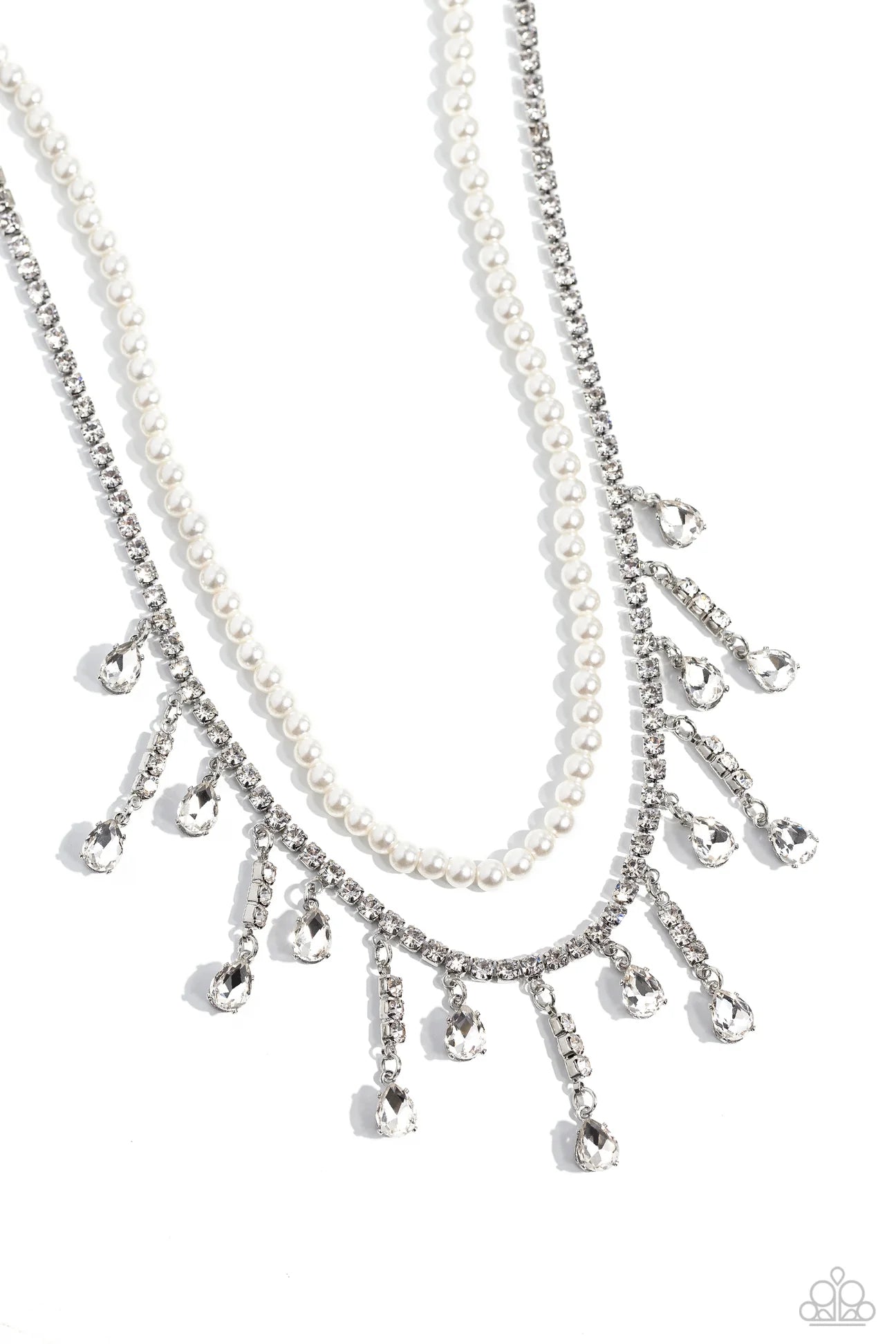 Paparazzi Accessories Lessons in Luxury - White Featuring a white rhinestone square-fitting chain, white teardrop-cut gems, bordered in silver pronged fittings, swing from streams of glittery rhinestones while solitaire teardrop gems drip in an alternatin