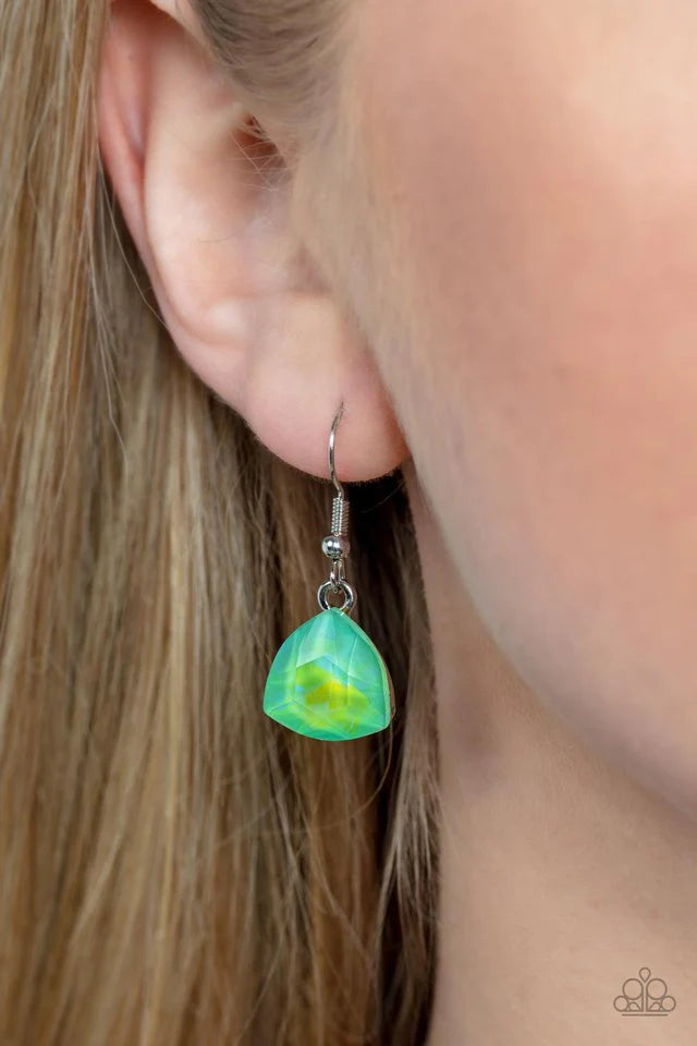 Paparazzi Accessories Dreamy Drama - Green A collection of dreamy trilliant-cut rhinestones in iridescent shades of green and pink fall in line along the collar in a majestic finish. Features an adjustable clasp closure. Due to its prismatic palette, colo