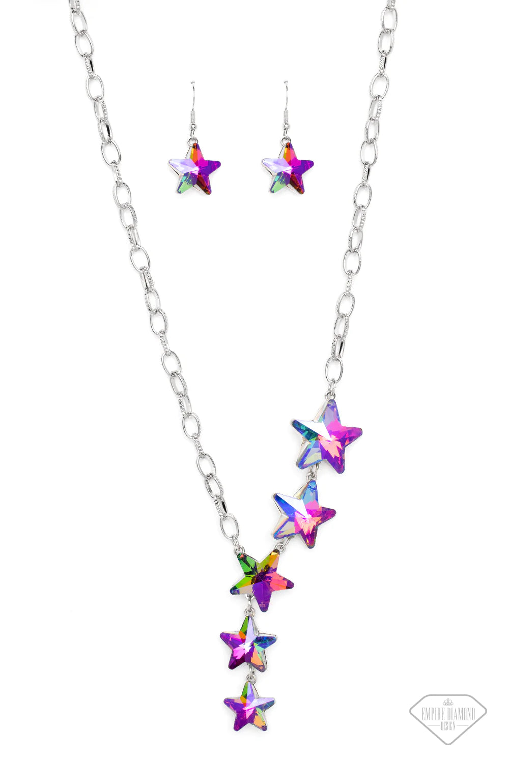 Paparazzi Accessories Star-Crossed Sparkle - Multi Textured silver hoops link together for a radiant finish across the neckline. Featuring a stellar UV shimmer, a collection of gem stars decrease in size as they cascade down the neckline in a diagonal pat