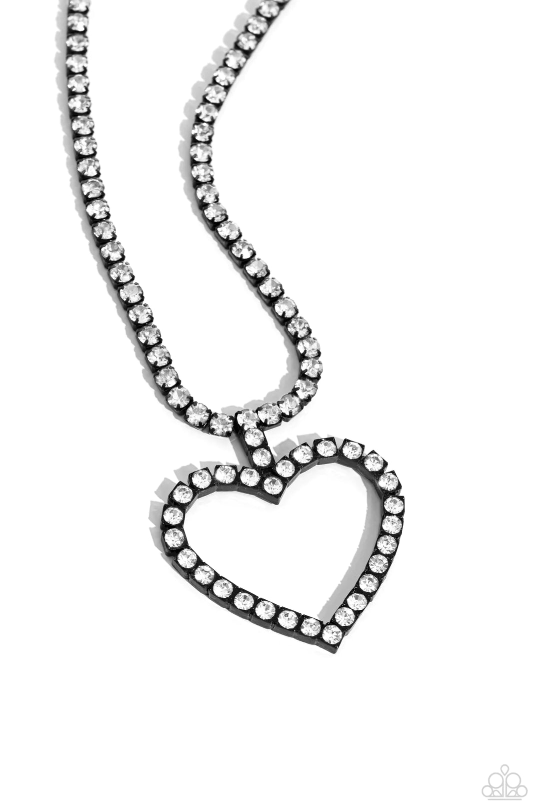 Paparazzi Accessories Flirting Fancy - Black Featuring pronged, square black fittings, glassy white rhinestones encircle the neckline and lead the eye down to an airy heart silhouette, resulting in a flirtatious sparkle. Features an adjustable clasp closu