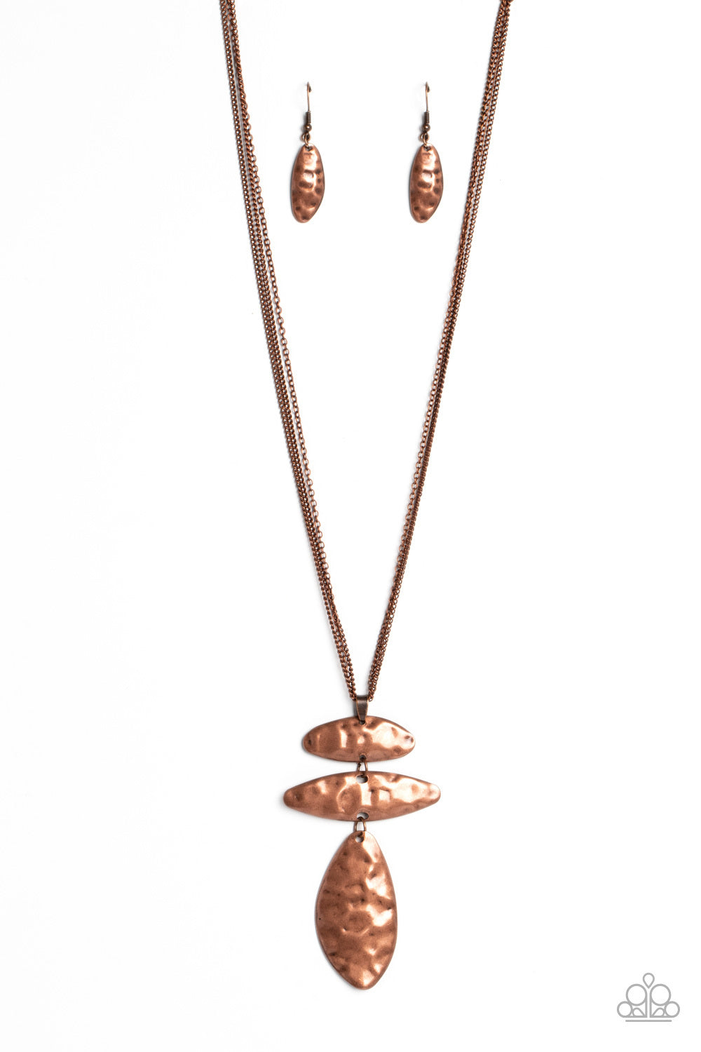 Paparazzi Accessories Monochromatic Model - Copper Featuring a hammered sheen, a trio of copper, abstract shapes glides down the chest from a trio of dainty, copper chains for a monochromatic masterpiece. The two uppermost shapes are turned on their sides