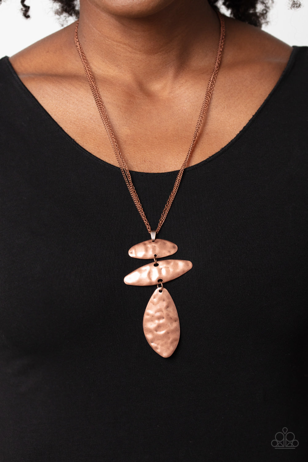 Paparazzi Accessories Monochromatic Model - Copper Featuring a hammered sheen, a trio of copper, abstract shapes glides down the chest from a trio of dainty, copper chains for a monochromatic masterpiece. The two uppermost shapes are turned on their sides