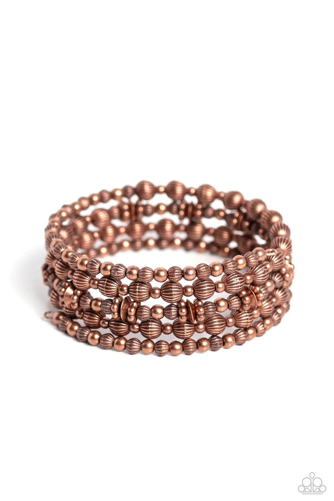 Paparazzi Accessories Striped Stack - Copper Coiling around the wrist, striped copper beads of varying sizes, interacts with copper accents, copper wheel beads, and copper discs for an eye-catching, endless, monochromatic design. Sold as one individual br