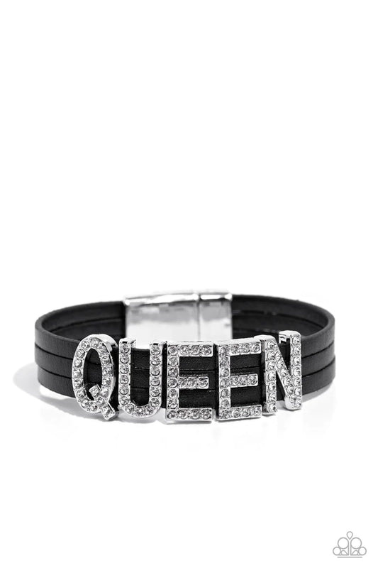 Paparazzi Accessories Queen of My Life - Black Three rows of black leather bands layer around the wrist. Dazzling rhinestones glisten atop the word "QUEEN" gracing the leather bands. Features a magnetic closure. Sold as one individual bracelet. Jewelry