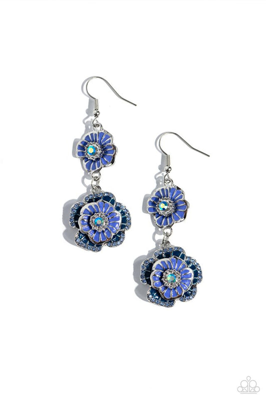 Paparazzi Accessories Intricate Impression - Blue Dotted with dainty blue iridescent gem centers and navy rhinestone details, intricate 3D silver flowers, adorned in Persian Jewel shades, link into a whimsical, glitzy lure. Earring attaches to a standard