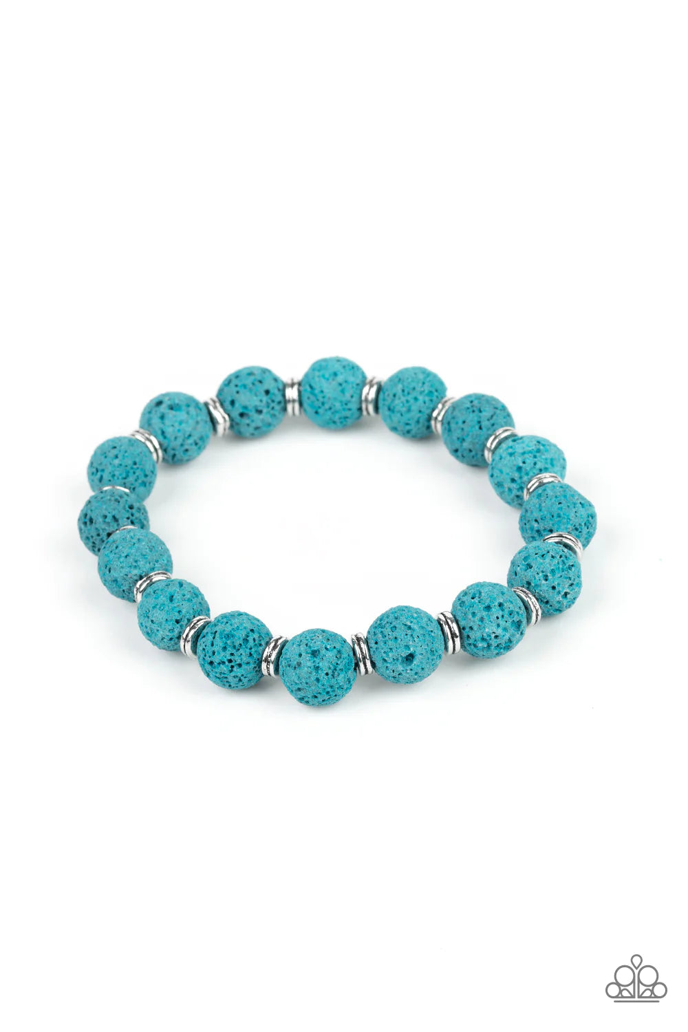 Paparazzi Accessories Luck - Blue A collection of dainty silver rings and earthy blue lava rock beads are threaded along a stretchy band around the wrist in a seasonal style. Sold as one individual bracelet. Jewelry