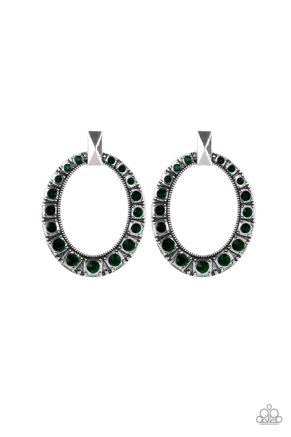 Paparazzi Accessories All For Glow - Green Featuring a faceted silver fitting, a beveled silver hoop is encrusted in glittery green rhinestones that gradually increase near the bottom of the ornate frame for an edgy finish. Earring attaches to a standard