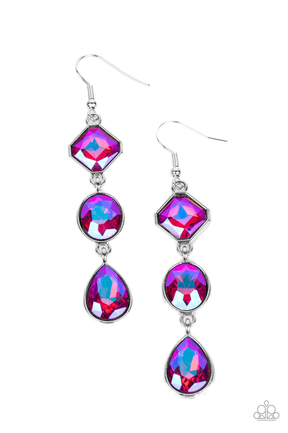 Paparazzi Accessories Reflective Rhinestone - Pink Featuring a stellar UV finish, three iridescent pink rhinestones delicately link into a refined lure. Featuring teardrop, round, and emerald style cuts, the sparkly rhinestones are delicately encased in s
