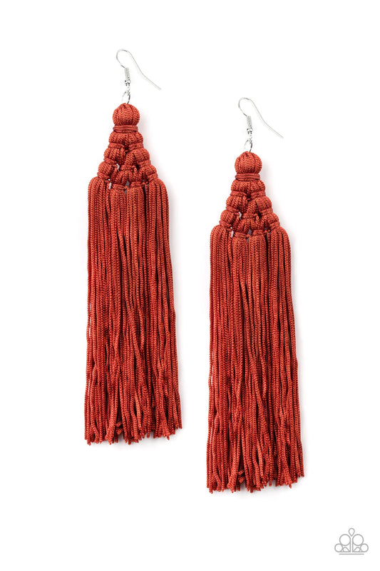 Paparazzi Accessories Magic Carpet Ride - Red Woven into an intricate frame, shiny Cinnamon Stick tassels stream from the ear, creating a majestic fringe. Earring attaches to a standard fishhook fitting. Sold as one pair of earrings. Jewelry