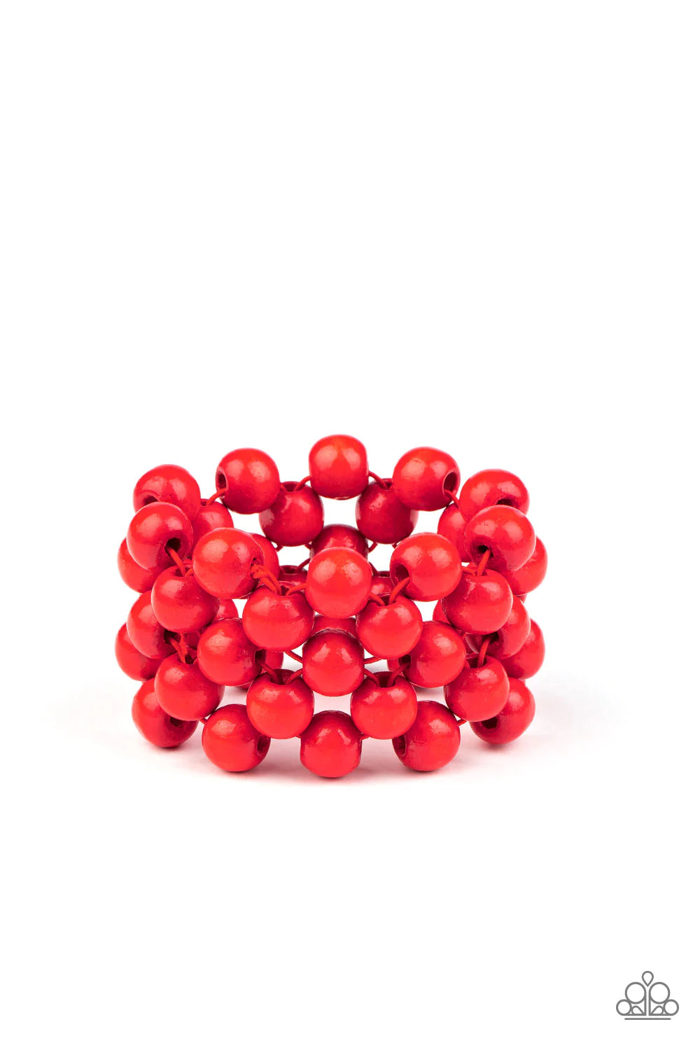 Paparazzi Accessories Tiki Tropicana - Red An oversized collection of fiery red wooden beads are threaded along stretchy bands that ornately weave across the wrist, creating a decorative summery pattern. Sold as one individual bracelet. Jewelry