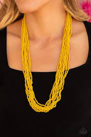 Paparazzi Accessories Congo Colada - Yellow Suspended between two silver fittings, strands of countless yellow seed beads layer across the chest for a vivacious look. Features an adjustable clasp closure. Sold as one individual necklace. Includes one pair