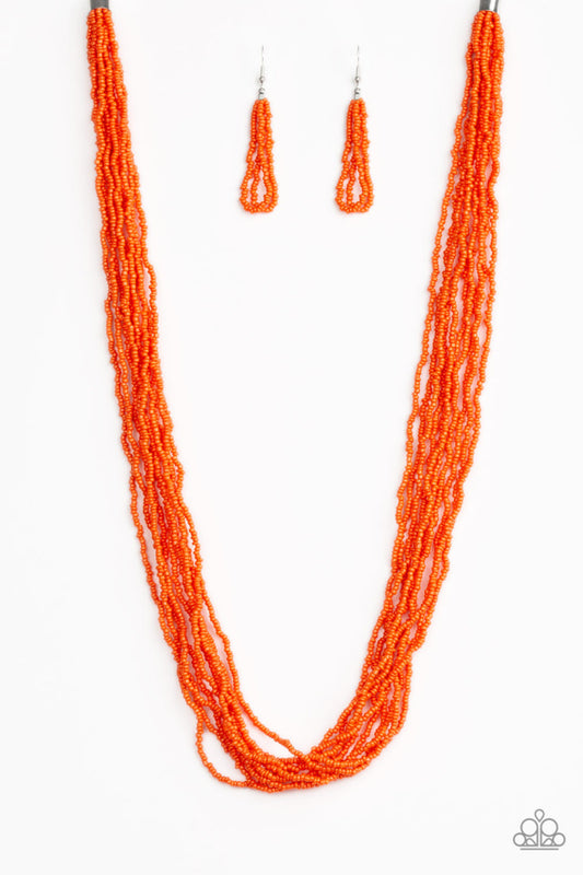 Paparazzi Accessories Congo Colada - Orange Suspended between two silver fittings, strands of countless orange seed beads layer across the chest for a vivacious look. Features an adjustable clasp closure. Sold as one individual necklace. Includes one pair