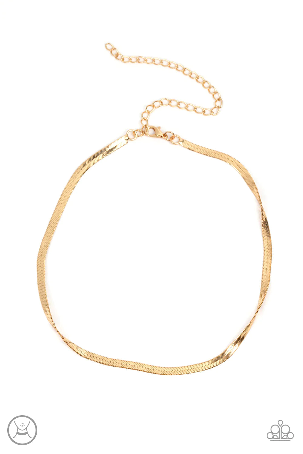 Paparazzi Accessories In No Time Flat - Gold A strand of glistening gold snake chain loops around the neck, resulting in an edgy shimmer. Features an adjustable clasp closure. Sold as one individual choker necklace. Includes one pair of matching earrings.