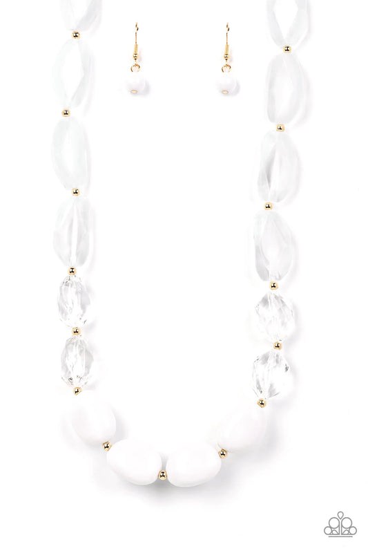 Paparazzi Accessories Private Paradise - White Separated by dainty gold beads, mismatched sections of icy, crystal-like, and white acrylic beads are threaded along an invisible wire across the chest for a colorful flair. Features an adjustable clasp closu