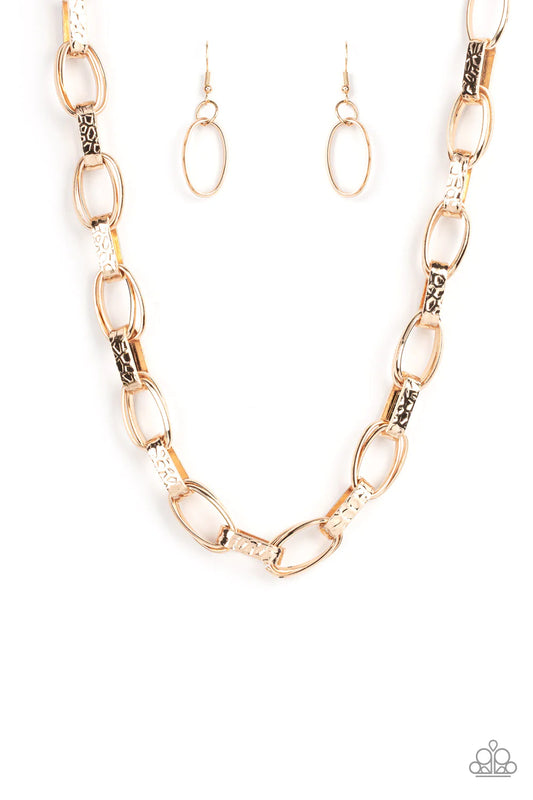 Paparazzi Accessories Motley Motion - Gold Wide hammered gold links alternate with double sets of shiny gold links as they connect across the collar for an edgy industrial effect. Features an adjustable clasp closure. Sold as one individual necklace. Incl