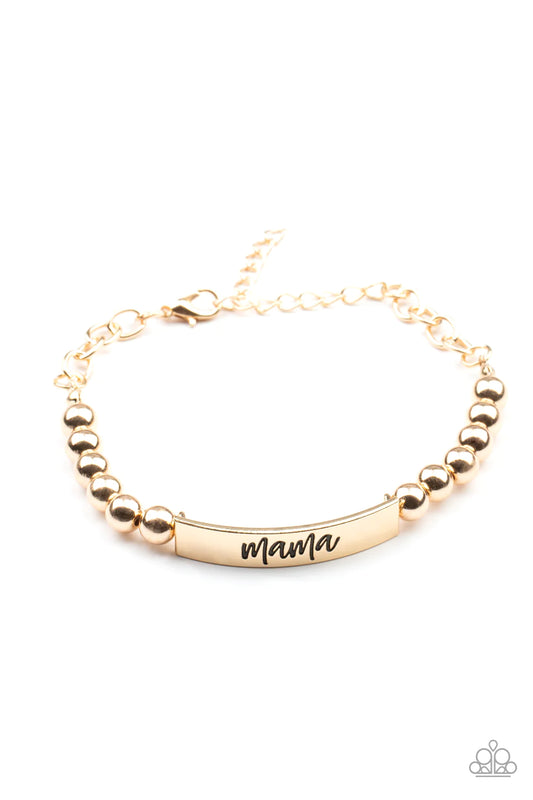 Paparazzi Accessories Mom Squad - Gold Stamped in the word, "Mama," a curved gold plate attaches to strands of gold beads threaded along invisible wire around the wrist, creating a sentimental centerpiece. Features an adjustable clasp closure. Sold as one