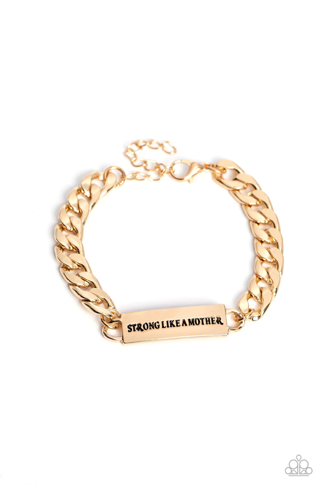 Paparazzi Accessories Mighty Matriarch - Gold Attached to a thick, gold curb chain, a rectangular plate is stamped with the phrase "strong like a mother," for a sentimental, urban statement around the wrist. Features an adjustable clasp closure. Sold as o