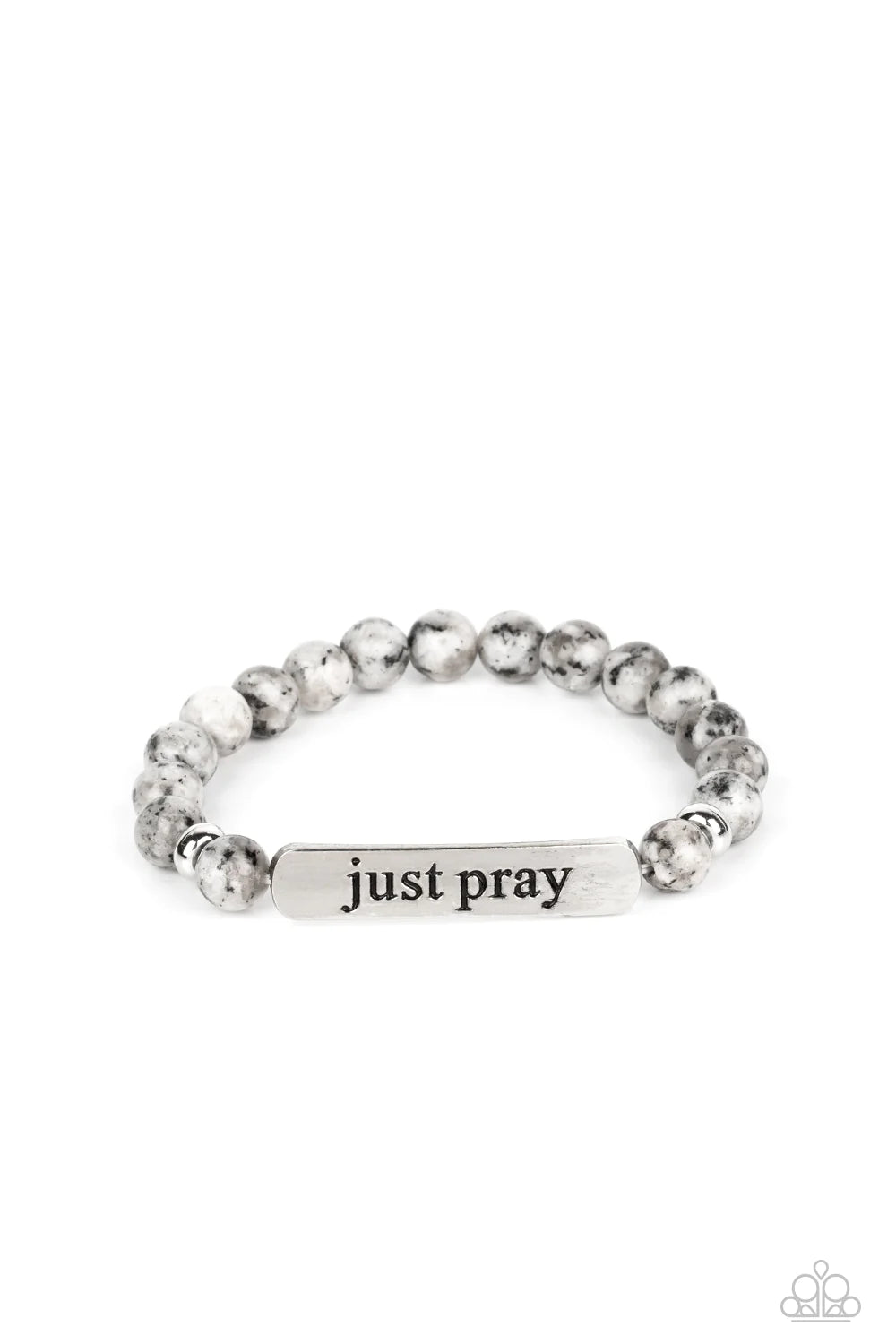 Paparazzi Accessories Just Pray - Silver Smooth, gray speckled stones are stretched across the wrist on an elastic stretchy band, with accents of silver beads sprinkled in. Meeting in the center of the stony display, a curved rectangular bar is stamped wi