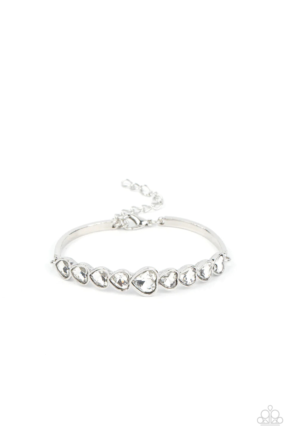 Paparazzi Accessories Lusty Luster - White Attached to silver bars, a sparkling series of heart cut white gems are encased in glistening silver frames that curve into a flirtatious centerpiece atop the wrist. Features an adjustable clasp closure. Sold as