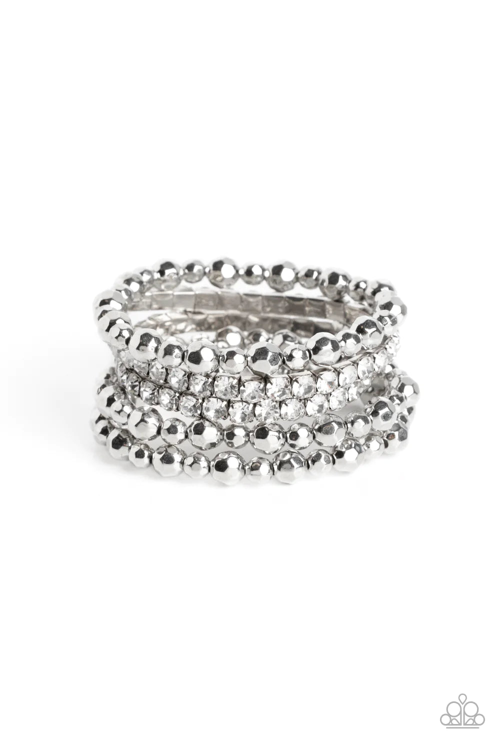 Paparazzi Accessories Top Notch Twinkle - White Threaded along elastic stretchy bands, varying sizes of faceted silver beads, combine with white gems pressed into silver square fittings for a glamorous, high-sheen stack around the wrist. Sold as one set o
