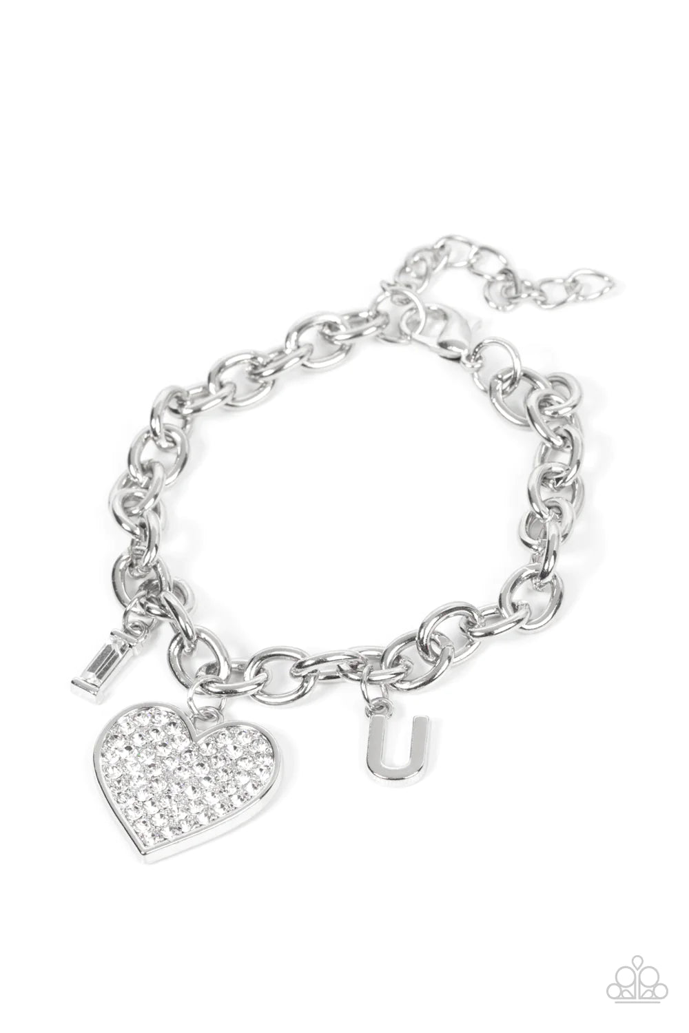 Paparazzi Accessories Declaration of Love - White Threaded along elastic stretchy bands, varying sizes of faceted silver beads, combine with white gems pressed into silver square fittings for a glamorous, high-sheen stack around the wrist. Sold as one set