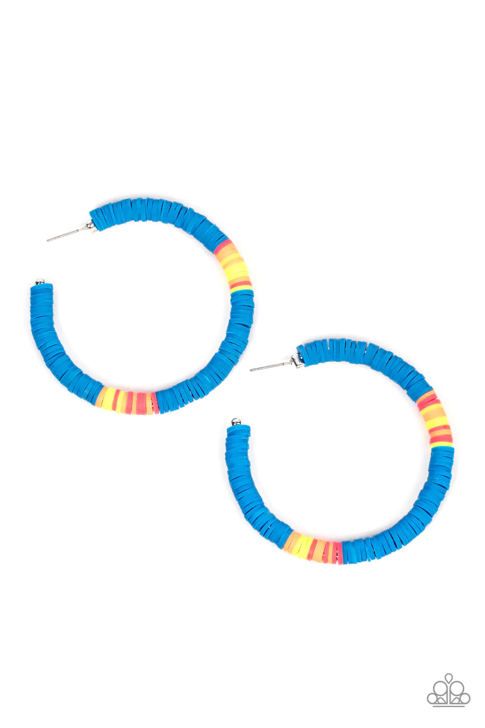 Paparazzi Accessories Colorfully Contagious - Blue Rubbery blue, pink, yellow, and orange bands are threaded along an oversized silver hoop, creating a courageous pop of color. Earring attaches to a standard post fitting. Hoop measures approximately 2 1/4