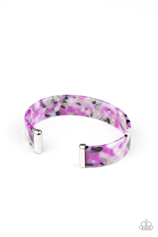 Paparazzi Accessories It’s Getting HAUTE in Here - Purple Capped in sleek silver fittings, a purple, black, and white tortoise shell acrylic frame delicately curls around the wrist, creating a dainty cuff. Sold as one individual bracelet. Jewelry