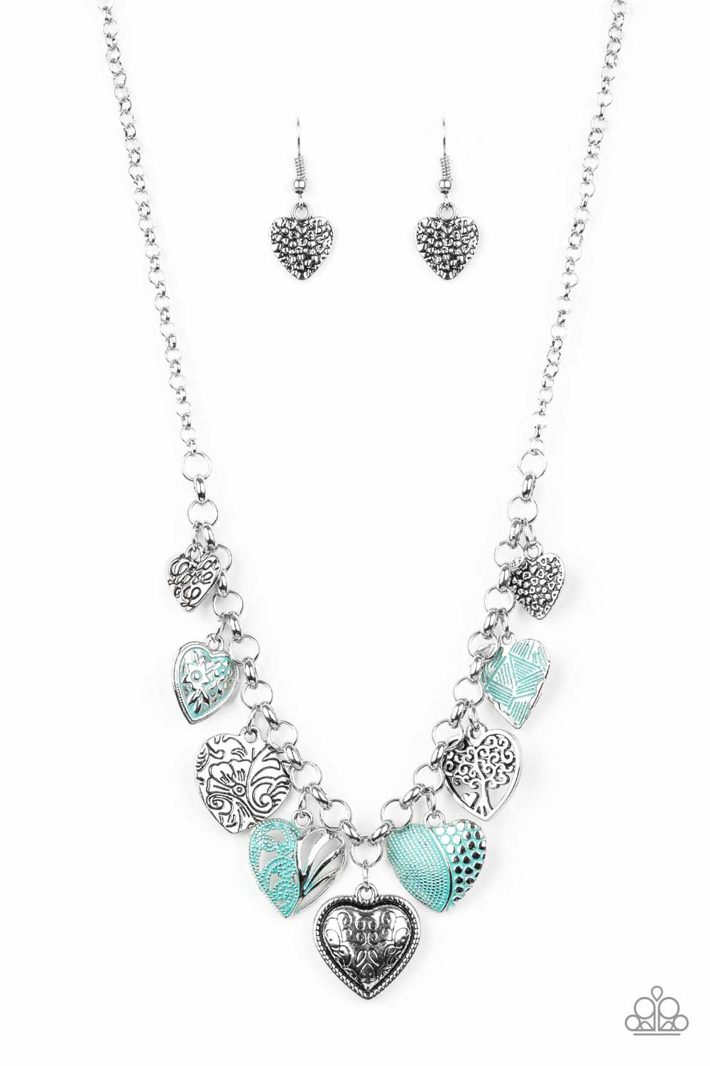 Paparazzi Accessories Grow Love - Green Featuring an array of floral patterns, a collection of silver hearts swings from the bottom of a shimmery silver chain. Alternating charms are brushed in a minty green finish, creating a colorful fringe below the co