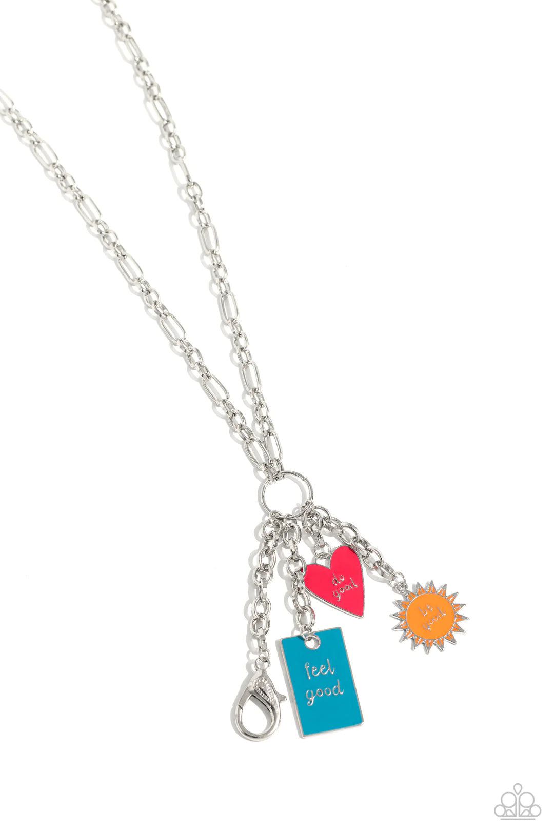 Paparazzi Accessories Embracing Good - Multi Featuring a glossy finish, a Pink Peacock heart, orange sun, and turquoise rectangle cascade from the bottom of a lengthened, trendy silver chain. Inscribed on each charm, the phrases "do good," "be good," and
