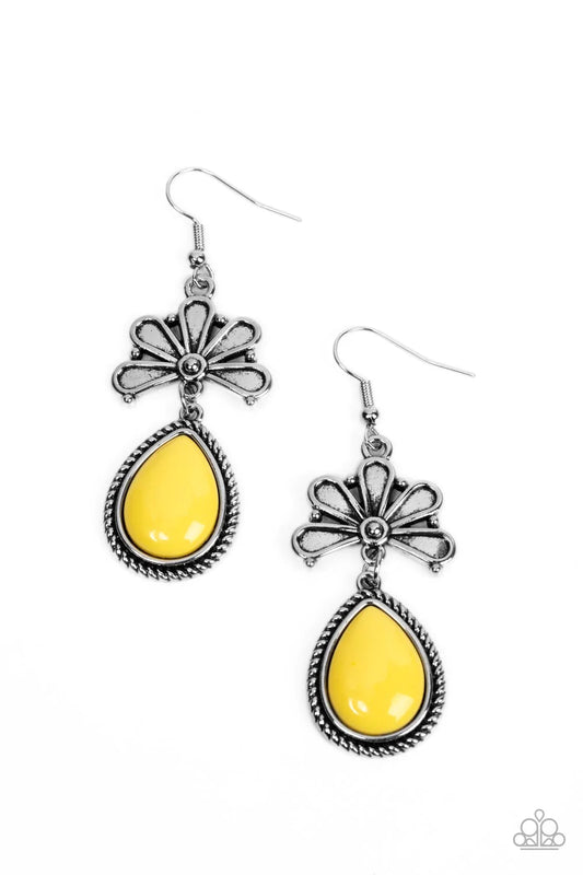 Paparazzi Accessories Brightly Blooming - Yellow Bordered in a silver ropelike frame, a shiny yellow teardrop bead swings from the bottom of an antiqued floral frame for a whimsical fashion. Earring attaches to a standard fishhook fitting. Sold as one pai