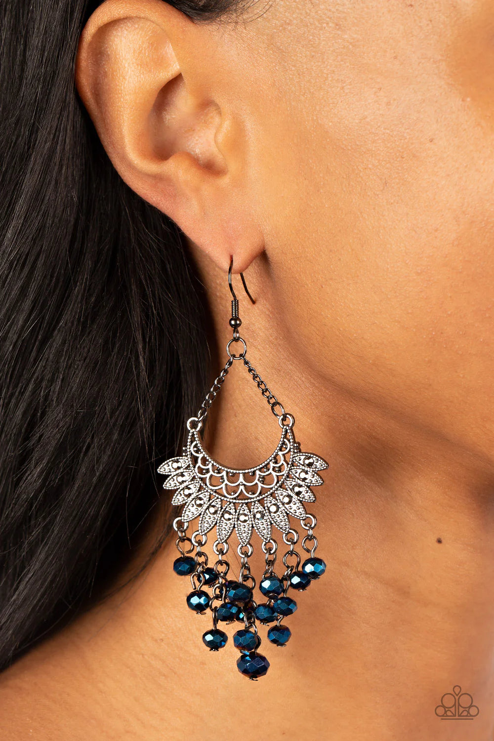 Paparazzi Accessories Chromatic Cascade - Blue Tassels of metallic blue crystal-like beads cascade from the bottom of a fan of hematite rhinestone dotted frames that flare out from a filigree filled half moon frame, resulting in a glitzy fringe suspended