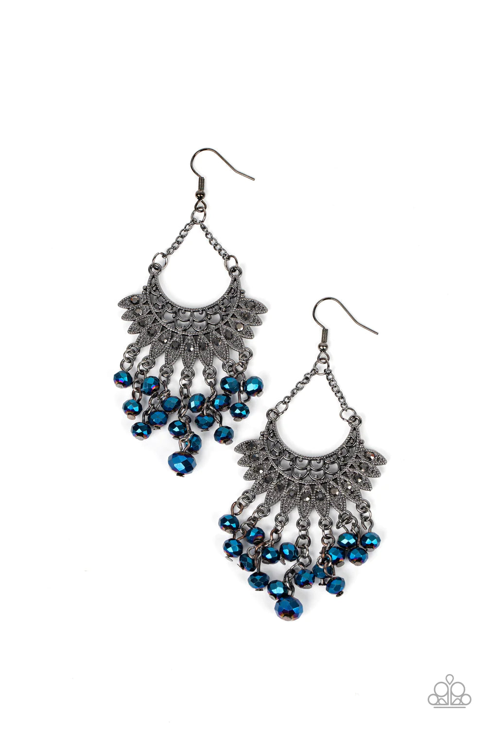 Paparazzi Accessories Chromatic Cascade - Blue Tassels of metallic blue crystal-like beads cascade from the bottom of a fan of hematite rhinestone dotted frames that flare out from a filigree filled half moon frame, resulting in a glitzy fringe suspended