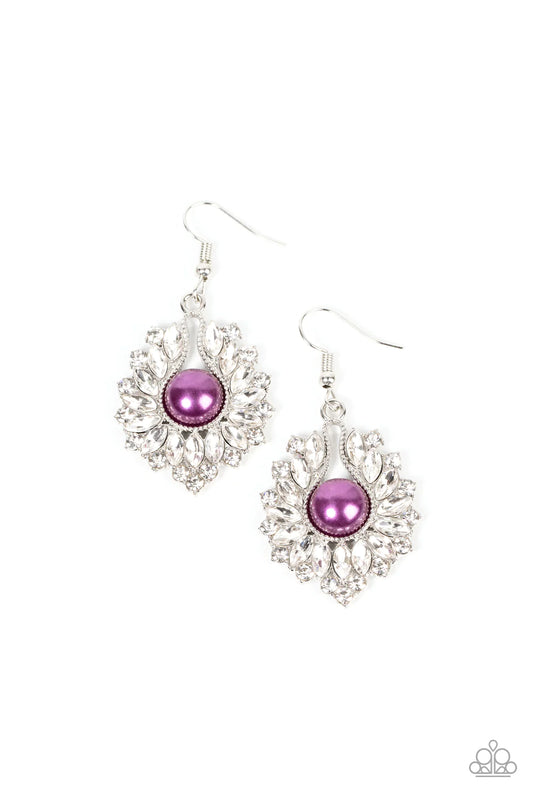 Paparazzi Accessories Crowns Required - Purple An icy collection of round and marquise cut white rhinestones fan out from an oversized plum pearl center, coalescing into an effervescent elegance. Earring attaches to a standard fishhook fitting. Sold as on