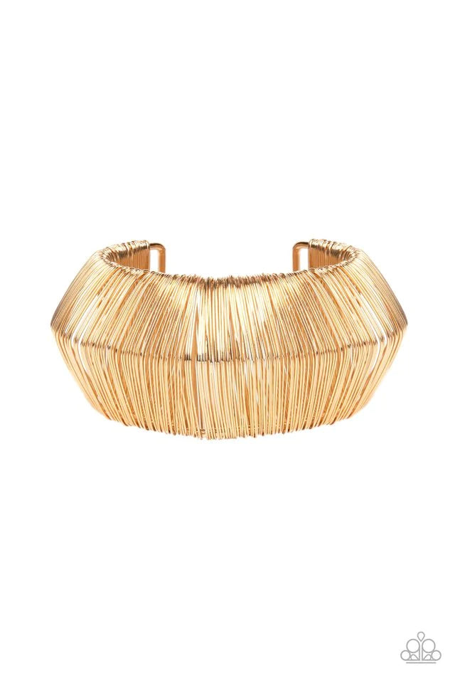 Paparazzi Accessories Wild About Wire - Gold Layer after layer of glistening gold wire wraps around an oversized gold cuff. The center of the wire wrap comes to a peak, adding edge to the intense industrial display. Jewelry