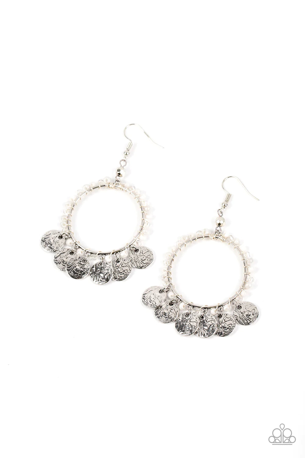Paparazzi Accessories Bohemian Beach Blast - White Textured silver discs chime at the bottom of a silver wire hoop. Pearly, white, and glassy seed beads are threaded along an invisible wire and wrapped around the hoop for a bohemian vibe. Earring attaches