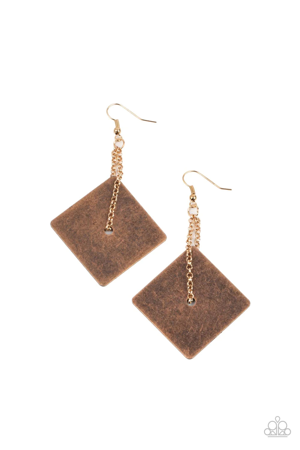 Paparazzi Accessories Block Party Posh - Copper A dainty chain is threaded through the center of a flat square antiqued copper frame, looping into an edgy lure. Earring attaches to a standard fishhook fitting. Sold as one pair of earrings. Jewelry