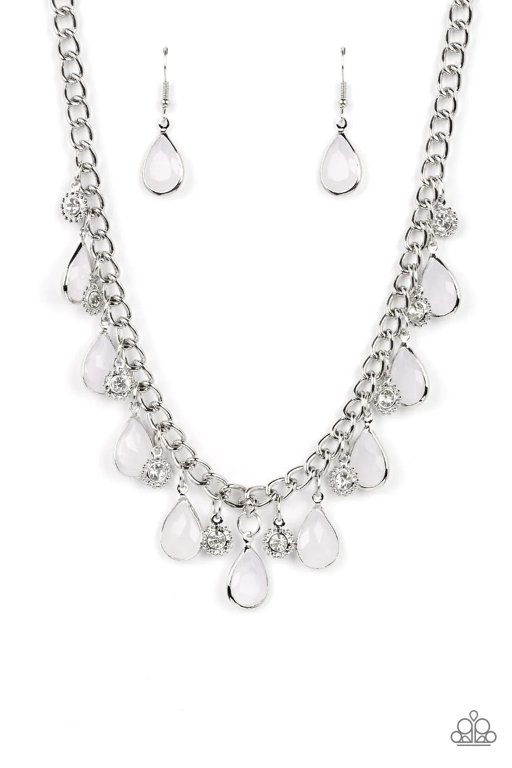 Paparazzi Accessories Frosted & Framed - White A thick silver chain is decorated in white faceted teardrops wrapped in silver frames. The opacity of the beads adds a dreamy feel to the design, while tiny silver accents dotted with white rhinestone centers