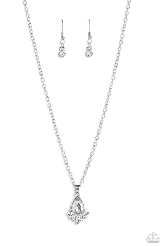 Paparazzi Accessories Fancy Fringe - White Expanding out from a solitaire white teardrop gem, a fringe of dainty marquise-cut and round-cut white gems and rhinestones shimmers and shines for a refined display of elegance. Features an adjustable clasp clos