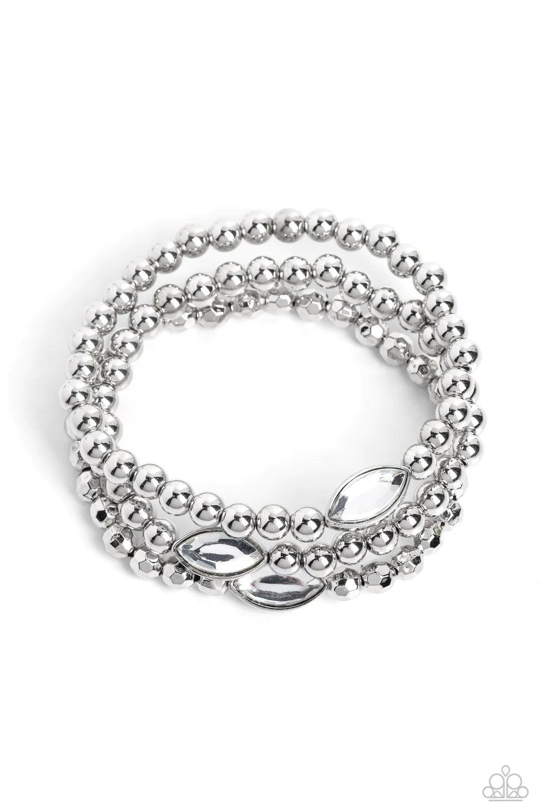 Paparazzi Accessories Twinkling Team - White Featured in the center of a faceted and smooth silver beaded display, a dazzling white, marquise-cut gem pressed in a sleek silver frame wraps around the wrist on elastic stretchy bands for a classy statement.