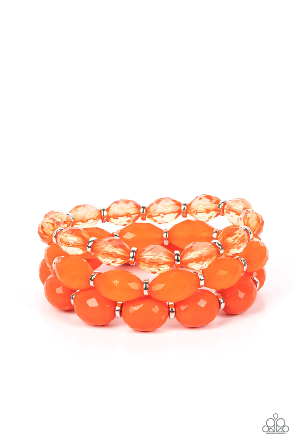 Paparazzi Accessories High Tide Hammock - Orange Separated by dainty silver rings, mismatched rows of glassy, opaque, and solid orange acrylic crystal-like beads are threaded along stretchy bands around the wrist, creating vivacious layers. Jewelry