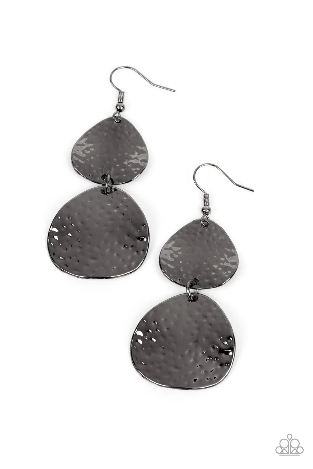 Paparazzi Accessories Bait and Switch - Black Featuring hammered and beveled finishes, a gunmetal teardrop delicately links with an asymmetrical gunmetal disc, resulting in a stunning lure. Earring attaches to a standard fishhook fitting. Sold as one pair