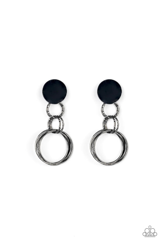 Paparazzi Accessories Industrialized Fashion - Black Pairs of textured gunmetal rings link with a collection of shiny gunmetal hoops at the bottom of a flat gunmetal disc, resulting in a timeless metallic chandelier. Earring attaches to a standard post fi