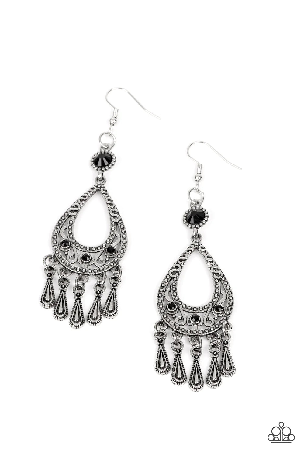Paparazzi Accessories Viva la Diva - Black Textured silver teardrops cascade from the bottom of a textured silver frame filled with whimsical vine-like filigree. Dotted in dainty black rhinestones, the vintage-inspired frame is suspended from a solitaire