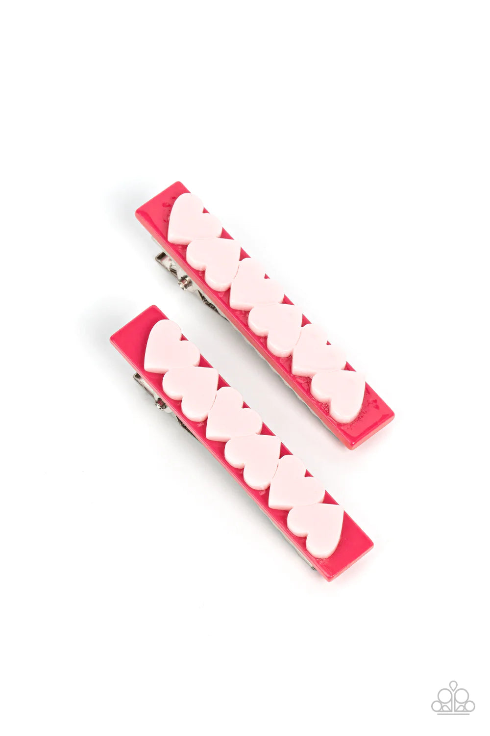 Paparazzi Accessories Cutely Cupid - Pink A row of light pink hearts alternate across the front of a darker pink rectangular frame, creating a charming pair of flirtatious hair clips. Features standard hair clips on the back. Sold as one pair of hair clip
