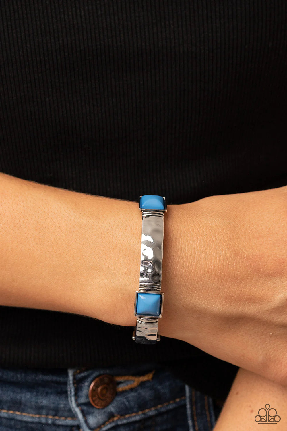 Paparazzi Accessories Totally Terraform - Blue Dotted with a square blue beaded accent, a shimmery series of hammered silver frames are delicately threaded along stretchy bands around the wrist for an adventurous pop of color. Sold as one individual brace