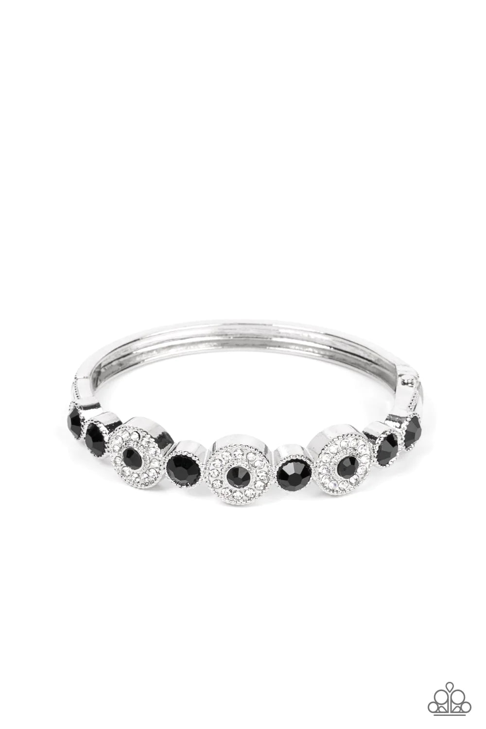 Paparazzi Accessories Crowns Only Club - Black Bordered in rings of glassy white rhinestones, a trio of black rhinestones alternate with oversized black rhinestones across the front of a bangle-like bracelet for a glamorous twist. Features a hinged closur