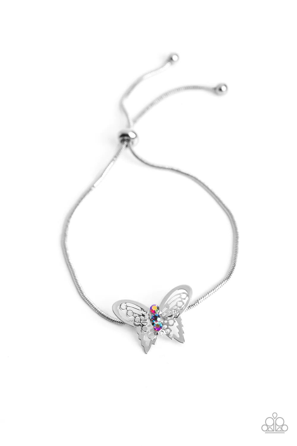 Paparazzi Accessories Wings of Wonder - Pink A deceptively simple silver butterfly charm glides along a silver snake chain for a whimsical flair along the wrist. Dainty, pink rhinestones, brushed in a UV shimmer, encrust along the butterfly's body, creati